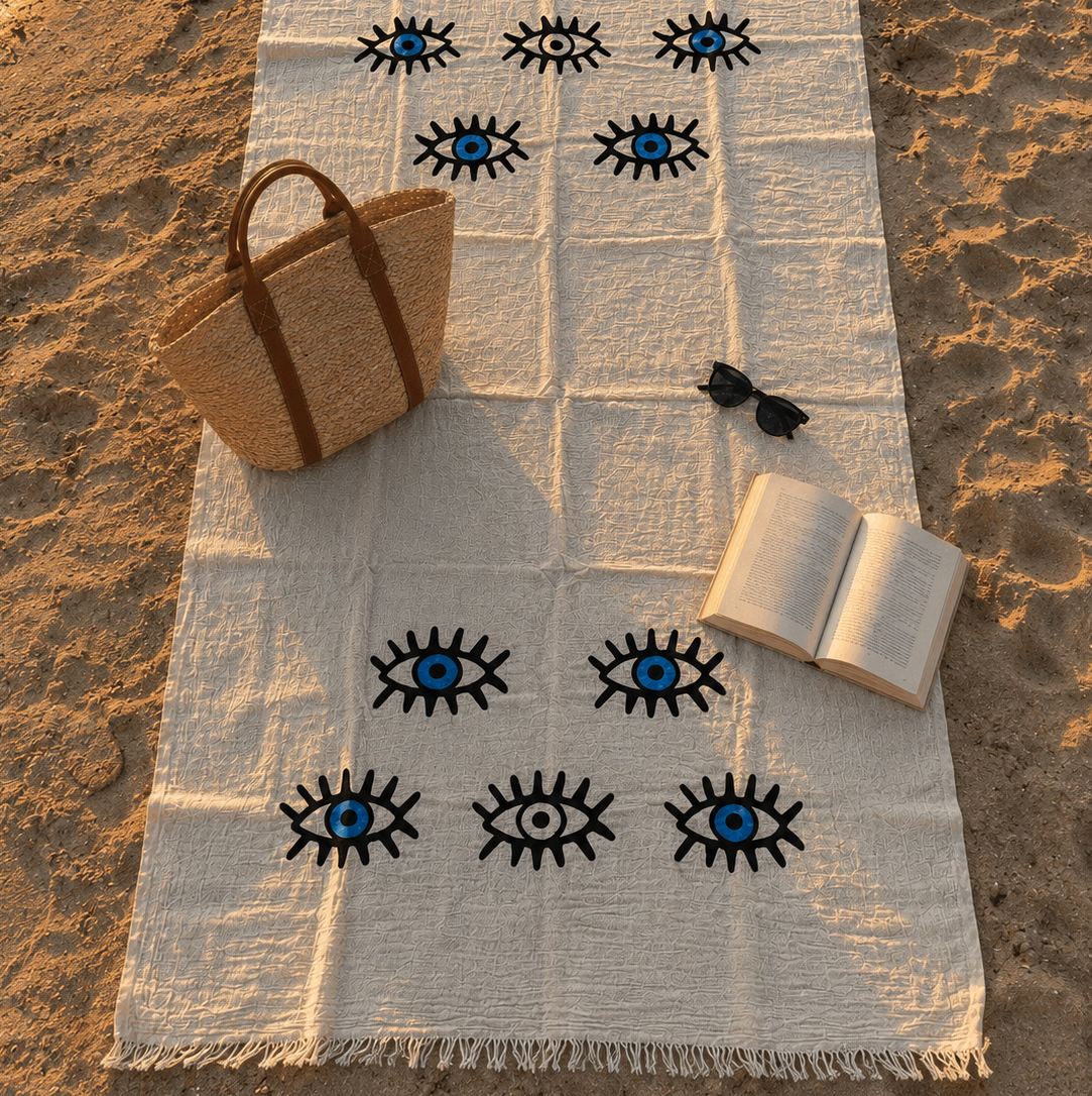 Musselin Strandtuch & Badetuch | Saunatuch | Eye-Motiv | 100% Bio-Baumwolle