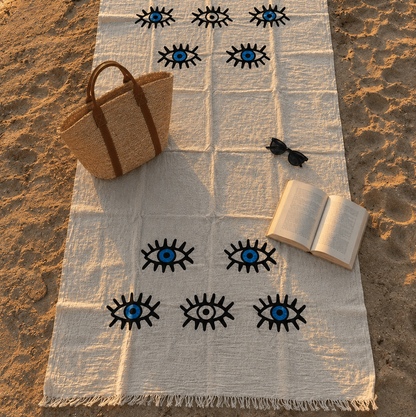 Musselin Strandtuch & Badetuch | Saunatuch | Eye-Motiv | 100% Bio-Baumwolle