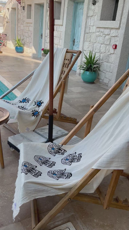 Musselin Sauna- & Strandtuch | 100% Bio-Baumwolle | Hamsa-Motiv